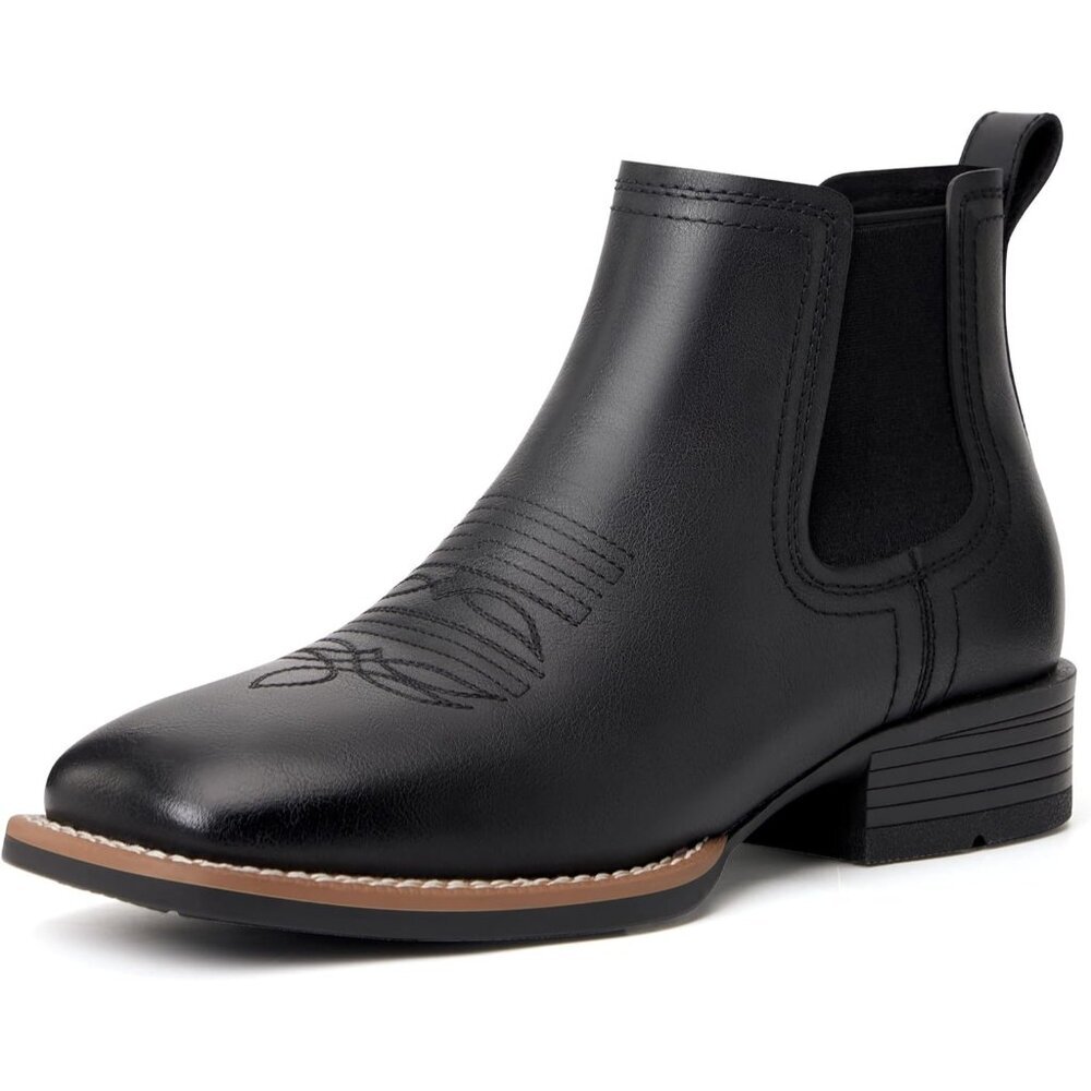 Men's Black Cowboy Boots Square Toe Western Boots Slip On Casual Retro Boots
